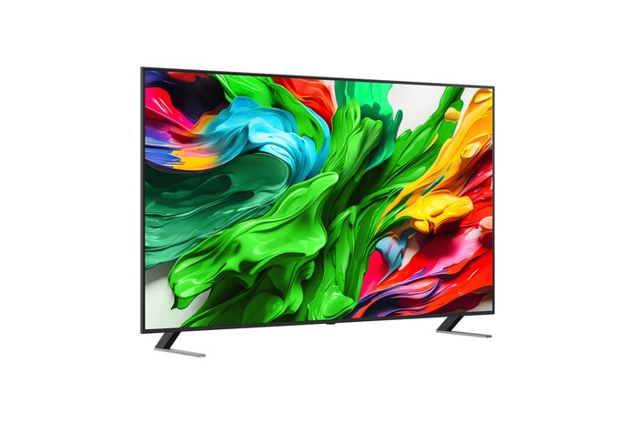 Naar rechts gericht zijaanzicht in een lichte hoek van de LG QNED evo QNED85 TV