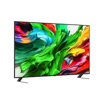 Naar rechts gericht zijaanzicht in een lichte hoek van de LG QNED evo QNED85 TV