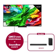 Vue avant de 65 inch LG QNED evo AI QNED86 MiniLED 4K Smart TV 65QNED86A6A & LG Barre de son DS70TY 65QNED86A6A.DS70TY