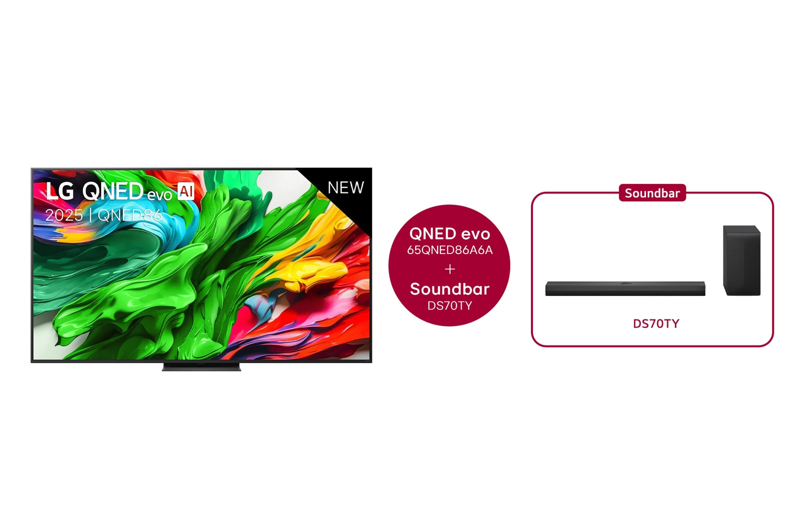 Vue avant de 65 inch LG QNED evo AI QNED86 MiniLED 4K Smart TV 65QNED86A6A & LG Barre de son DS70TY 65QNED86A6A.DS70TY