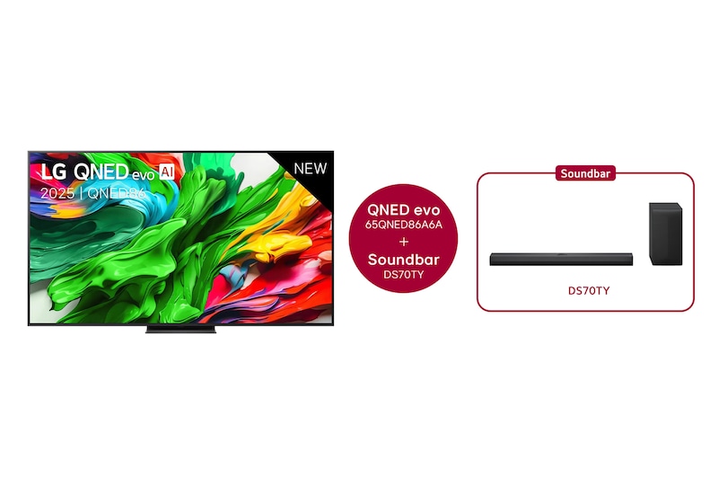 Vue avant de 65 inch LG QNED evo AI QNED86 MiniLED 4K Smart TV 65QNED86A6A & LG Barre de son DS70TY 65QNED86A6A.DS70TY