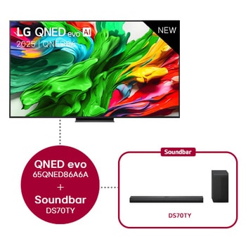 Front view of LG QNED evo TV, LG QNED evo Al Logo on the top corner. LG QNED evo TV depicts colorful paintike textures coming together.