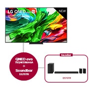 Vue avant de Smart TV LG QNED evo AI QNED86 MiniLED 4K 2025 75 pouces & DS70TR 5.1.1canaux 75QNED86A6A.DS70TR