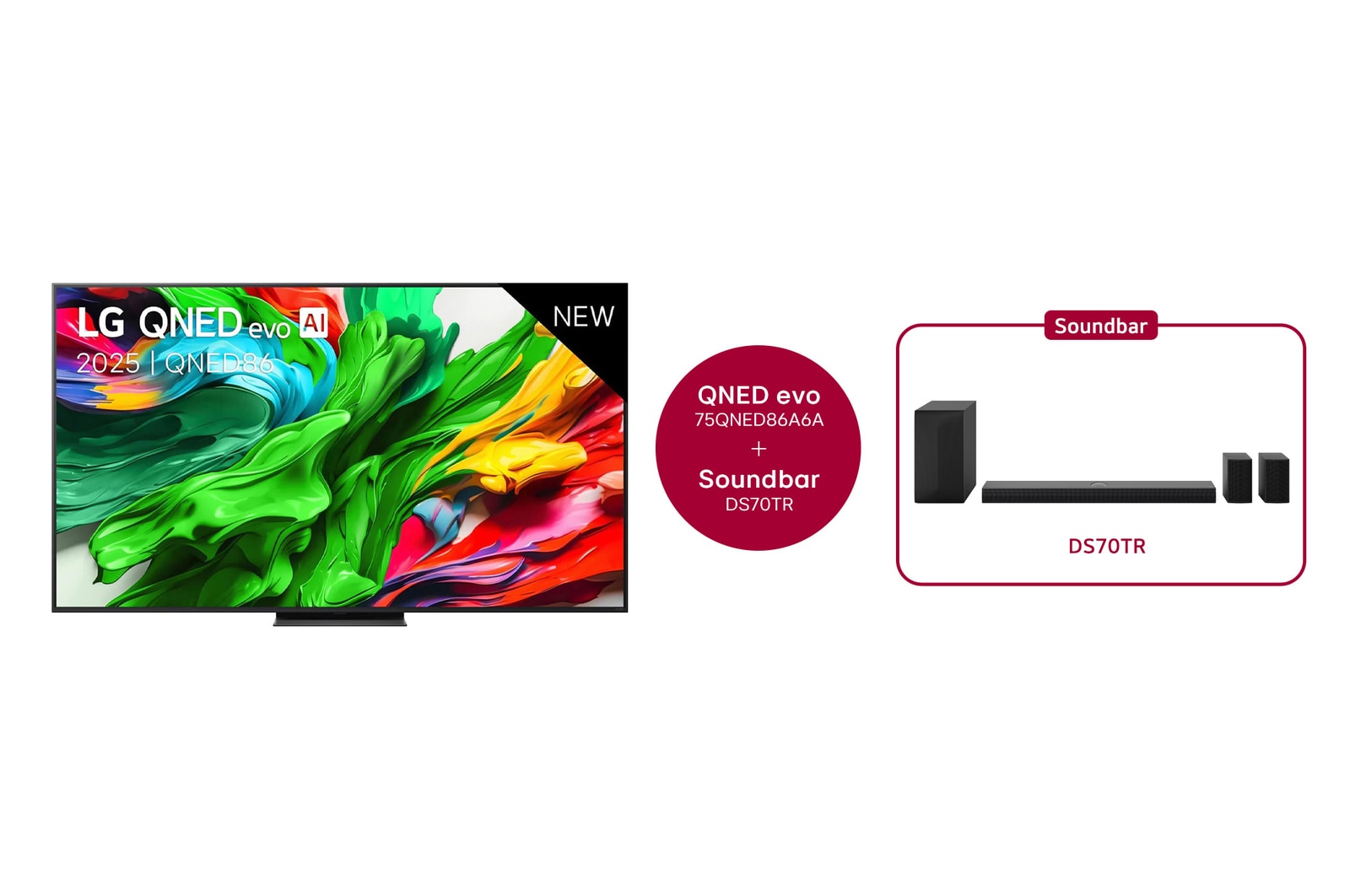 Vue avant de Smart TV LG QNED evo AI QNED86 MiniLED 4K 2025 75 pouces & DS70TR 5.1.1canaux 75QNED86A6A.DS70TR