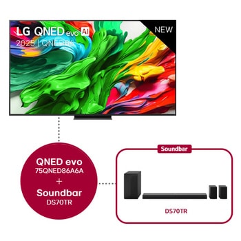 Front view of LG QNED evo TV, LG QNED evo Al Logo on the top corner. LG QNED evo TV depicts colorful paintike textures coming together.