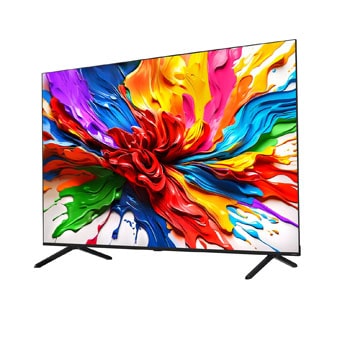 Vooraanzicht en zijaanzicht van LG QNED evo AI QNED92 4K Smart TV die de lengte-, breedte-, hoogte- en diepteafmetingen weergeven.