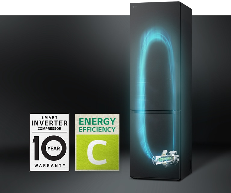 Afbeelding van een koelkast met Smart Inverter Compressor™ en 10 jaar garantieaanduiding.