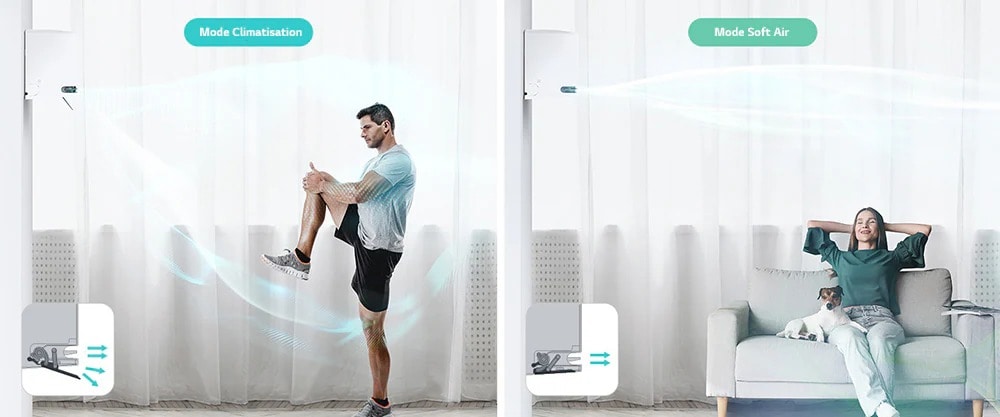 La direction du flux d’air varie en fonction de la lamelle utilisée. Différents modes peuvent être sélectionnés en fonction de la situation, tels que relaxation ou entrainement