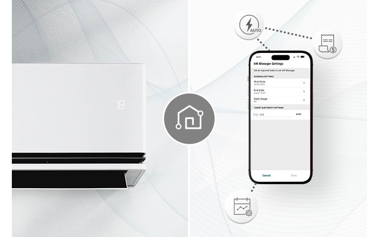 Een airconditioner en een smartphone met LG ThinQ™-scherm.