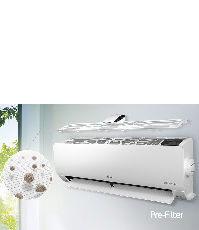 De LG-airconditioner is aan de muur bevestigd en gezien vanaf de zijkant. Het bovenste paneel is open, zodat de binnenste filters te zien zijn. Een lijn van het voorfilter leidt naar een vergrote cirkel die het stof toont dat in het voorfilter gevangen zit. Het logo van het voorfilter staat rechtsonder.