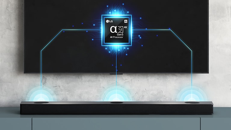 Er is een alpha 9 chip op de achterkant van de tv en er is een soundbar recht eronder. Er komen geluidsgolven uit de soundbar.