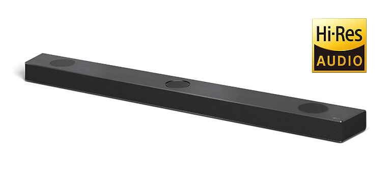 Volledig beeld van LG soundbar met LG logo in de rechterbenedenhoek van een product. Het Hi-Res AUDIO logo staat rechts of op de afbeelding.