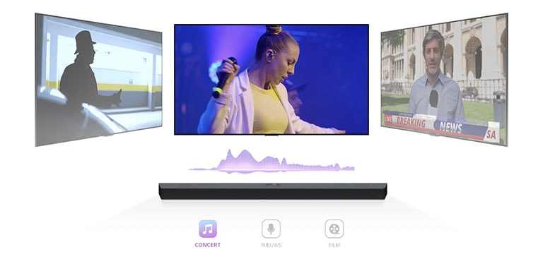 TV toont een concert, het kanaal wordt overgeschakeld naar nieuws en een presentator spreekt, en het kanaal wordt opnieuw overgeschakeld naar een filmscène. De LG soundbar bevindt zich recht onder de tv in de oneindige ruimte. (speel de video af)