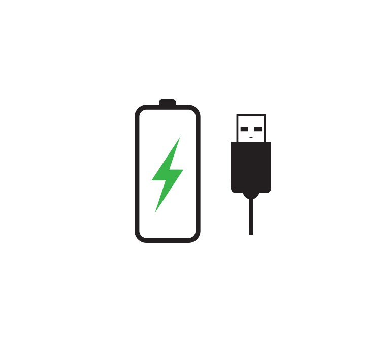 Er is een groen batterij-icoontje aan de linkerkant en een USB-kabel aan de rechterkant.