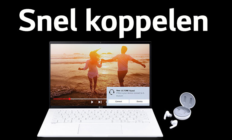 Een afbeelding van een laptop en TONE Free geplaatst onder de zin "Swift pair", en een koppelingsmelding op het open laptopscherm.