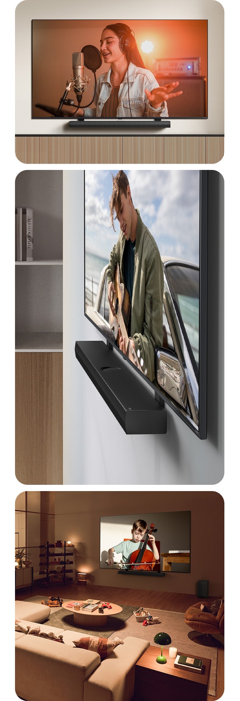 LG Soundbar en LG QNED TV tegen de muur met een QNED Matching Bracket in een grijze en houten woonruimte in een hoekaanzicht, met een man die gitaar speelt op de LG QNED TV. LG Soundbar en LG QNED TV tegen een crémekleurige muur met de QNED Matching TV Bracket. De tv speelt een video van een vrouw die zingt in een opnamestudio. Onder de tv staat een moderne geometrische houten standaard. LG Soundbar en LG QNED TV op een muur met de QNED Matching TV Bracket in een gezellige en donkere woonruimte met kinderspeelgoed. De tv speelt een video af van een klein jongetje dat cello speelt.