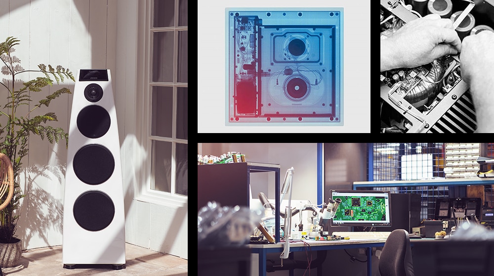 Een lay-out van vier beelden over Meridian audio