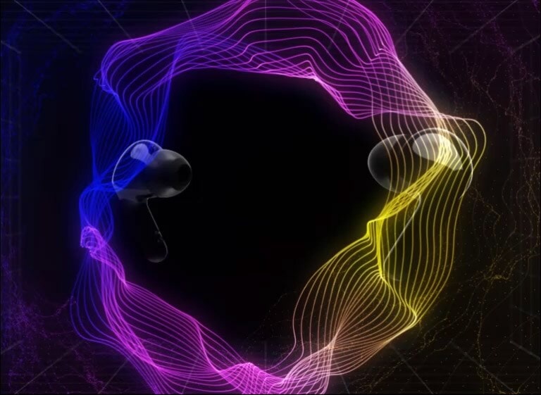 Een beeld van twee oordopjes die in een virtuele ruimte zweven met kleurrijke verlichting.