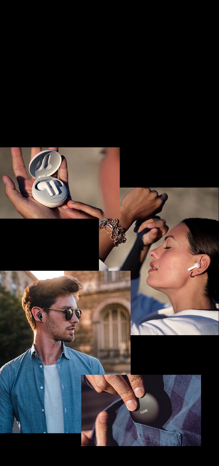 Een man draagt Tone Free in zijn oor in de stad. Een vrouw die naar de oordopjes kijkt terwijl ze het op haar hand houdt. Een vrouw draagt TONE Free met haar ogen dicht. Close-up van de hand van de man die TONE Free in de zak steekt.
