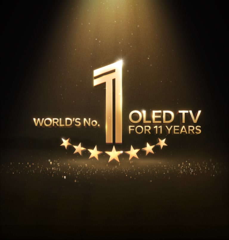Een gouden embleem met ‘s werelds beste OLED TV voor 11 jaar tegen een zwarte ondergrond. Een zoeklicht schijnt op het embleem en abstracte gouden sterren vullen de ruimte erboven.