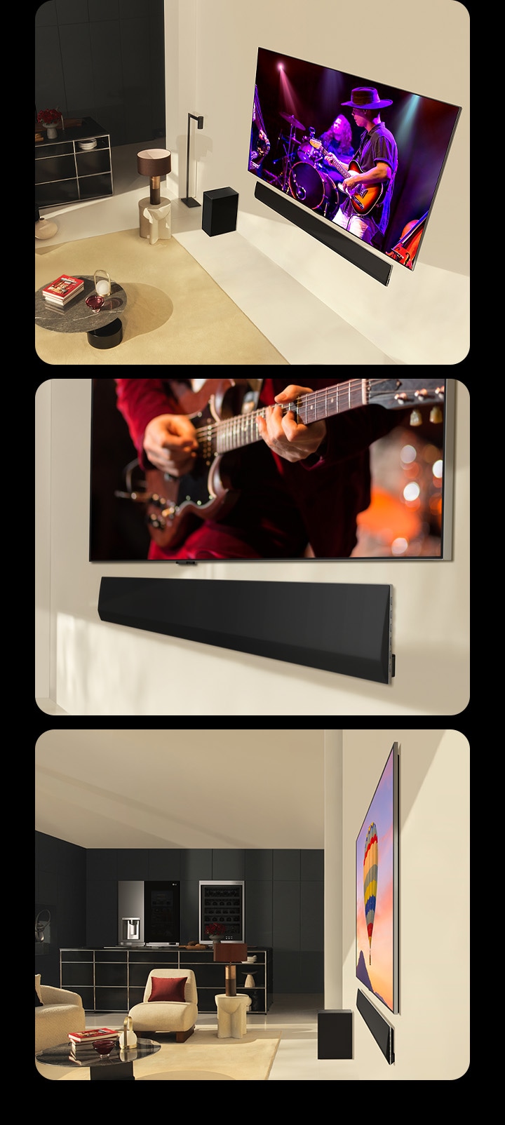 PC: Een koppel kijkt naar een concert op een LG OLED evo G4 met de perfect daarbij passende LG Soundbar SG10TY in een moderne woonruimte. MO: Een man kijkt naar een concert op een LG OLED evo G4 met de perfect daarbij passende LG Soundbar SG10TY in een moderne woonruimte. Weergave van een LG OLED TV en LG Soundbar vanaf de onderkant. Aanzicht op het zijprofiel van een LG OLED evo G4 en een LG Soundbar SG10TY, beiden met ongelofelijk dunne afmetingen en vrijwel nul afstand tot de muur.