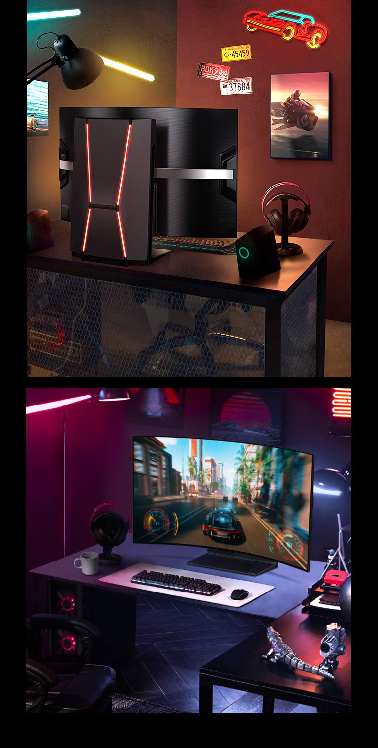 LG OLED Flex gezien van de achterkant in een kleurrijke gamingruimte. Het Shield Design is opgelicht met een rode achterverlichting. LG OLED Flex is te zien van de voorkant in een donkere en paarsverlichte gamingruimte waar een racinggame wordt gespeeld.