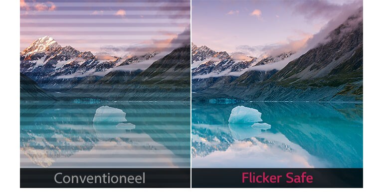 Beeld van verminderde flikkering op het scherm tot bijna nul met Flicker Safe aan terwijl het scherm flikkert met Flicker Safe uit.