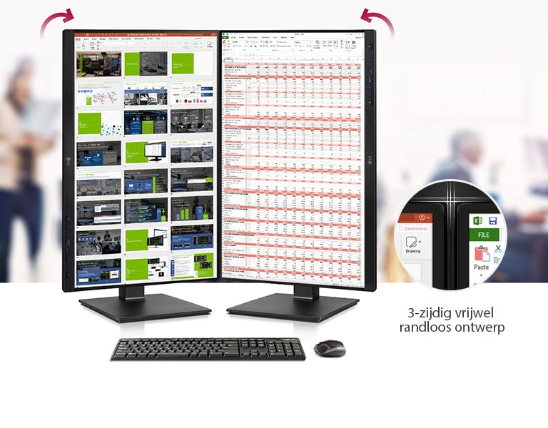Beeld van 3-zijdig vrijwel randloos ontwerp met een dubbel display en bi-directionele draaifunctionaliteit