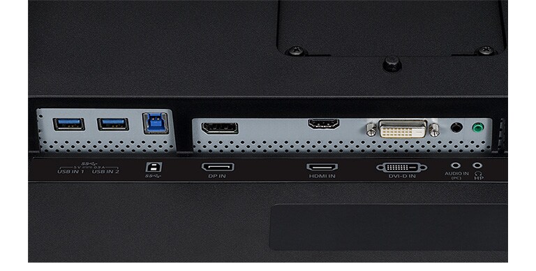Close-up weergave van DisplayPort, HDMI en DVI achter op de monitor