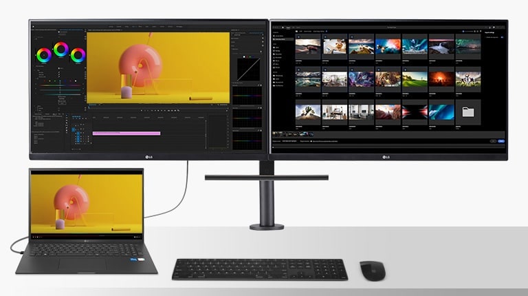 Met de Ergo Dual monitor kun je twee monitors en een laptop verbinden tot een productief werkstation.