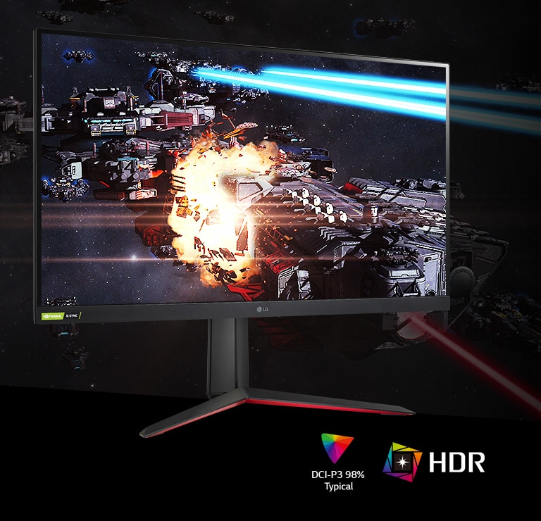 De gamingscène in rijke kleuren en contrast op de monitor die HDR10 ondersteunt met DCI-P3 98% (typ.).