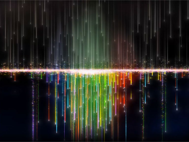 Veelkleurige pixels stromen over een scherm dat door nanodeeltjesfilters gaat, waarna de deeltjes helderder en duidelijker worden.