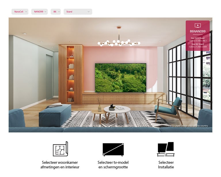 Een grote flatscreen-tv tegen een roze muur, omringd door natuurlijk meubilair. Het scherm toont een weelderig bos.