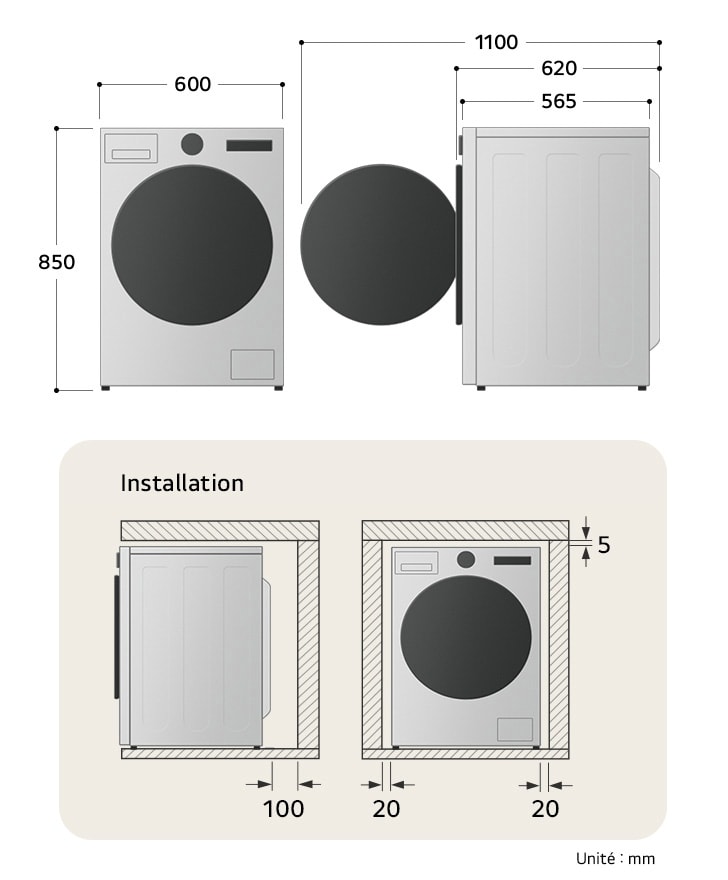 Technische tekening LG wasmachine: B 600, H 850, D 565 mm (deur open 1100 mm), incl. installatieruimte.