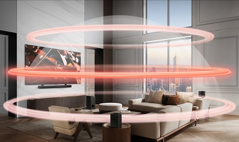 LG Soundbar en LG TV in een groot stadsappartement. Drie rode banden die virtuele lagen voorstellen met een dikke middelste laag creëren een geluidskoepel die de banken omhult.