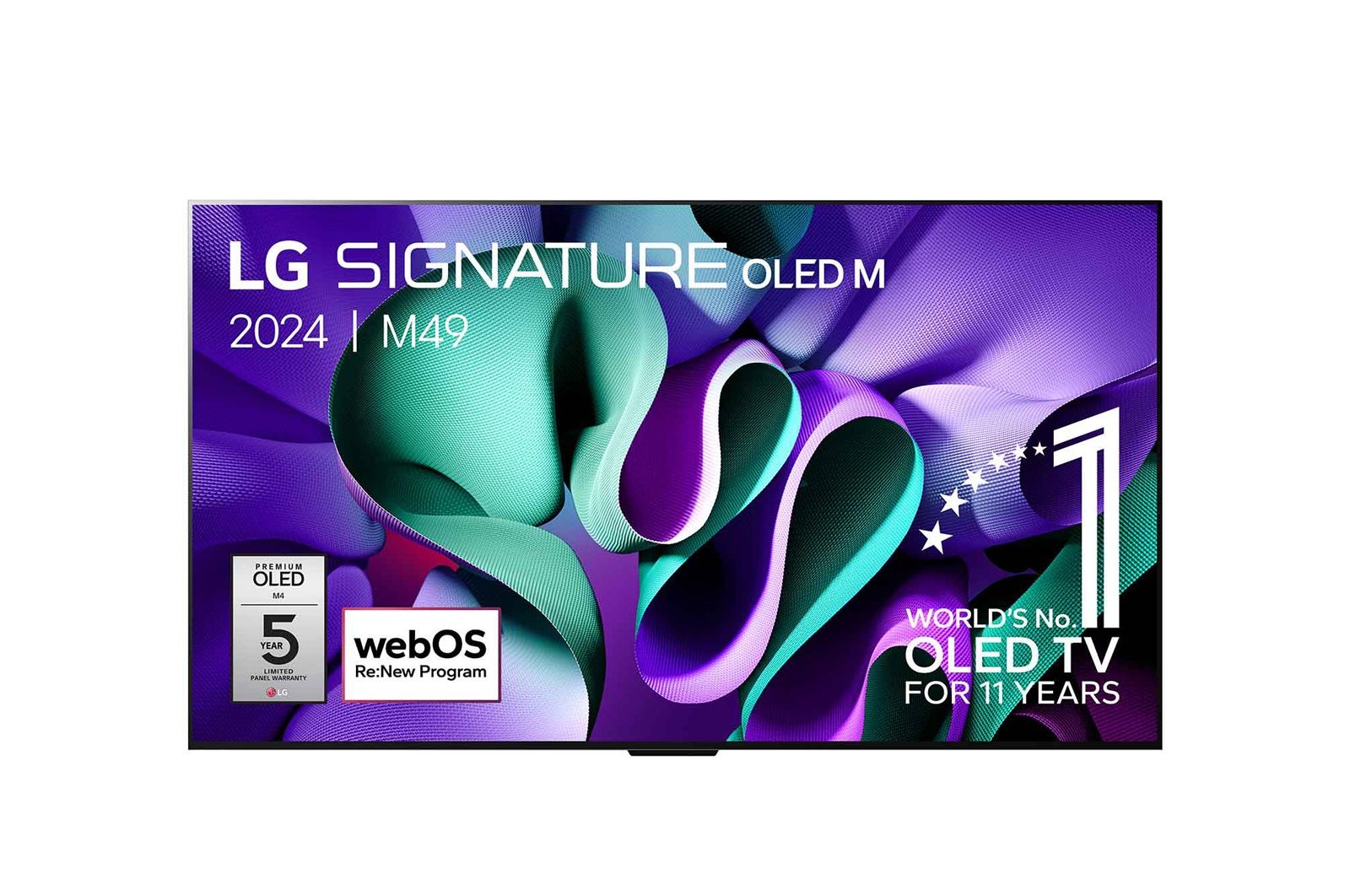 Vue avant de 97 pouces OLED LG SIGNATURE M4 True Wireless TV avec transfert vidéo et audio 4K 120Hz sans fil  OLED97M49LA