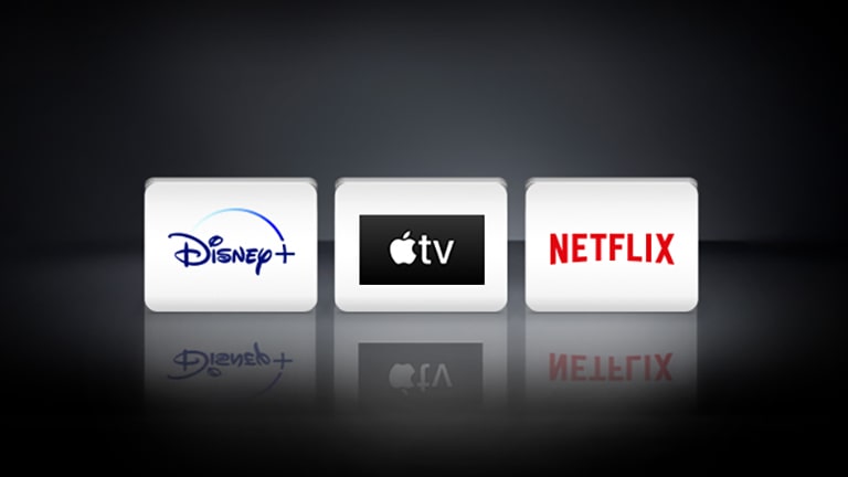Het Netflix-logo, het Disney+-logo en het Apple TV-logo zijn horizontaal gerangschikt op de zwarte achtergrond.