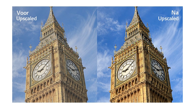 Een afbeelding van de Big Ben rechts met de tekst "Na upscaling" heeft een helderder en duidelijker beeld in vergelijking met dezelfde afbeelding links met de tekst "Voor upscaling".