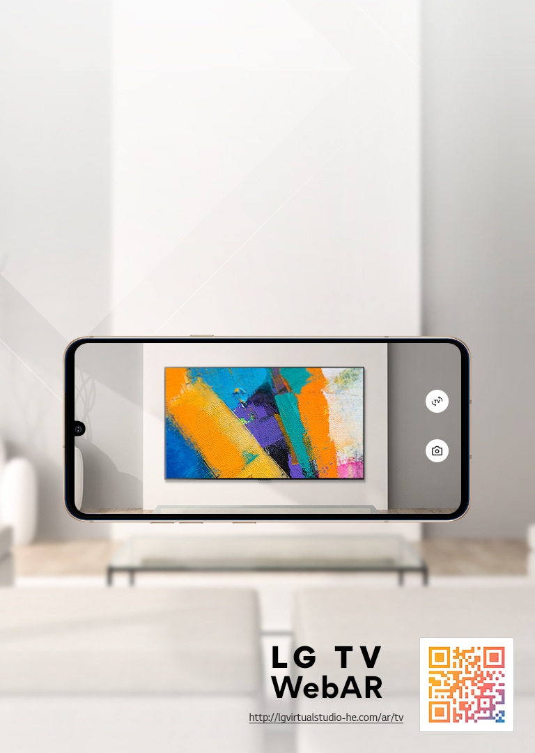 Dit is een Web AR-simulatiebeeld van LG OLED TV. Afbeeldingen van mobiele telefoons worden overlapt op een minimalistische ruimte. Er staat een QR-code rechts onderaan.