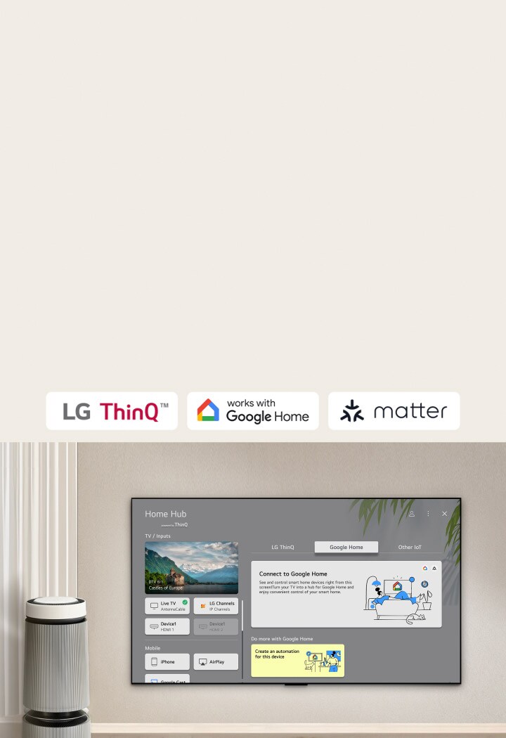 Een afstandsbediening ligt voor een LG TV-scherm met Home Hub. Alle functionaliteit en bediening van andere slimme apparaten worden getoond. 