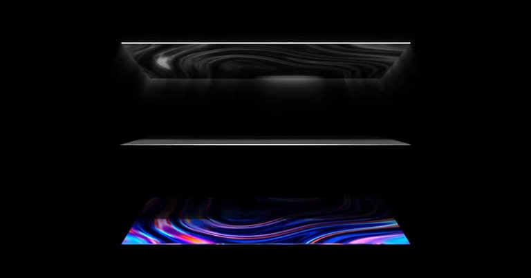 4 display-lagen vanaf de bovenkant. Het backlight verdwijnt en drie lagen komen samen en vormen een bruisend beeld.
