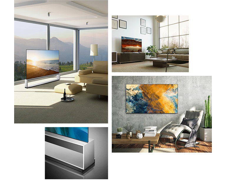 Een LG OLED Z2 met vloerstandaard zit voor een groot raam met uitzicht over velden en bergen. Een LG OLED Z2 zit op een tv-standaard in een aardkleurige woonkamer met planten en bijpassende decoraties. Een LG OLED Z2 hangt aan de grijze muur van een woonkamer met een moderne schommelstoel en cactusplanten. Een zijaanzicht van de LG OLED Z2's vloerstandaard.