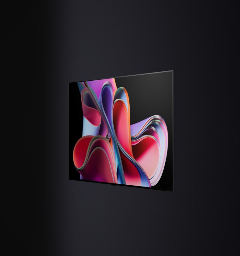 Een video opent met de woorden LG OLED evo in een wit lettertype tegen een zwarte achtergrond. De woorden vergroten en vullen zich met kleur. Dan gaat de scène over naar de LG OLED G3, die een kleurrijk abstract kunstwerk toont. Het scherm draait naar de zijkant om de slanke rand te laten zien en zet zich dan vast aan een muur, die het One Wall Design voorstelt.