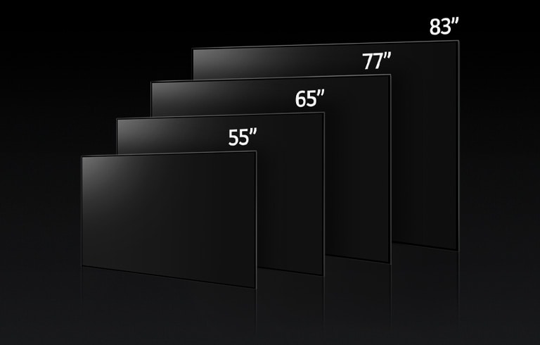 Een afbeelding die de verschillende formaten van de LG OLED G3 vergelijkt, met 55", 65", 77" en 83".