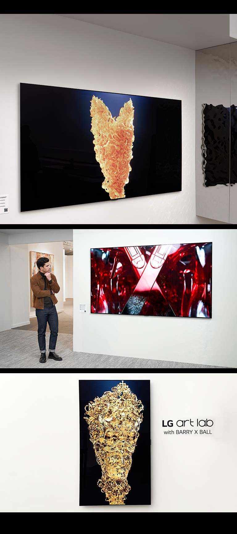 Op de bovenste afbeelding wordt een LG OLED weergegeven in een witte ruimte met een afbeelding van een gouden beeldhouwwerk die wordt afgespeeld op het scherm. Aan de zijkant staat een fysiek zilveren beeldhouwwerk met een uniek patroon dat reflecteert wat wordt afgespeeld op de tv. Op de afbeelding rechts onderin wordt een LG OLED weergegeven op een muur met een verticale uitlijning die een gouden beeldhouwwerk weergeeft dat lijkt op een persoon. De zin “LG art lab met Barry X Ball” is te zien over de afbeelding aan de rechterzijde van de tv. Op de afbeelding links onderin wordt een man weergegeven in een kunstgalerie die kijkt naar een rood en zwart digitaal kunstwerk van een beeldhouwwerk op een LG OLED.