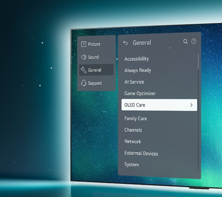 OLED TV staat aan de rechterzijde van het beeld. Het OLED Care-menu is geselecteerd in het ondersteuningsmenu op het scherm.