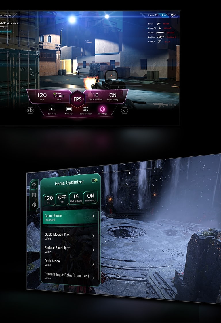 Beeld van een FPS-game met het Game Dashboard op het scherm tijdens het spelen. Een donkere winteromgeving met het Game Optimizer-menu dat verschijnt over de game.