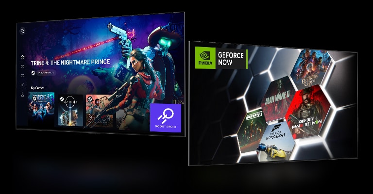 Een Boosteroid-startscherm met “Trine 4: The Nightmare Price”. GeForce NOW-startscherm met vijf verschillende thumbnails van games aan de rechterkant.