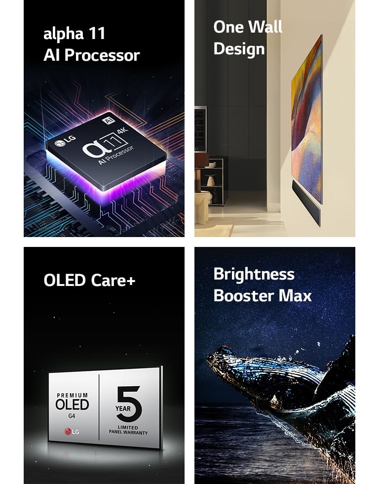 De alpha 11 AI Processor 4K van LG op een moederbord en stoot paarse en roze lichtstralen uit. One Wall-design van LG OLED G4 en LG Soundbar plat gemonteerd tegen de muur van een moderne woonruimte. LG OLED Care+ en 5 jaar paneelgarantielogo tegen een zwarte achtergrond. Brightness Booster Max met een afbeelding van een walvis die uit het water springt tegen een nachtelijke hemel met sterren.