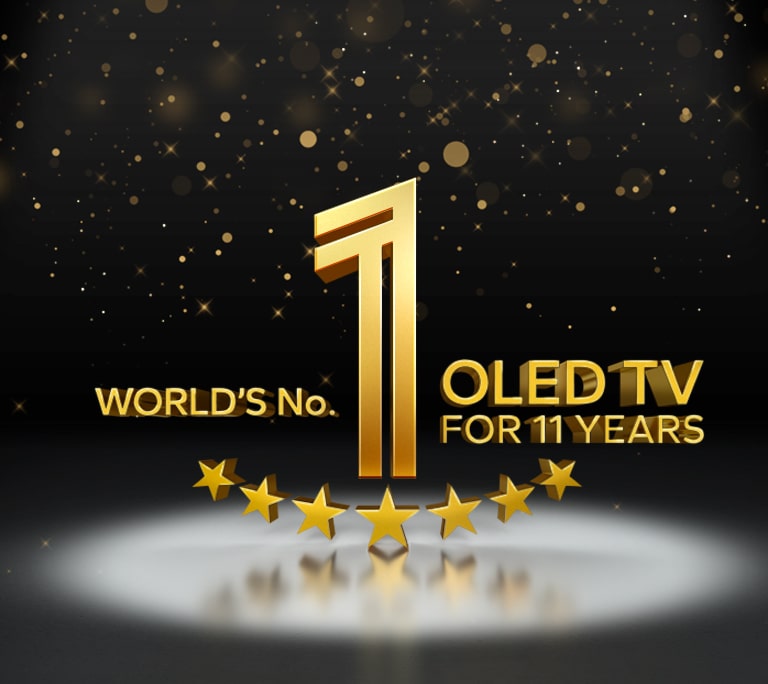 "Een gouden embleem met ‘s werelds beste OLED TV voor 11 jaar tegen een zwarte ondergrond. Een zoeklicht schijnt op het embleem en abstracte gouden sterren vullen de lucht erboven.	  "